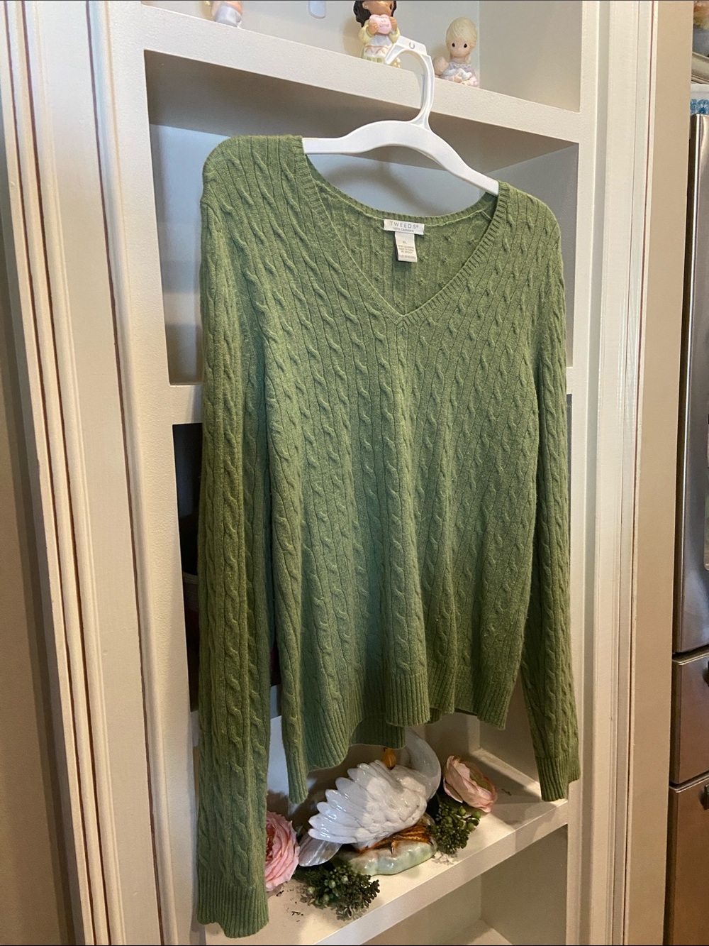 Woman Within Olive Green Cable-Knit V-Neck Sweater 100% cashmere